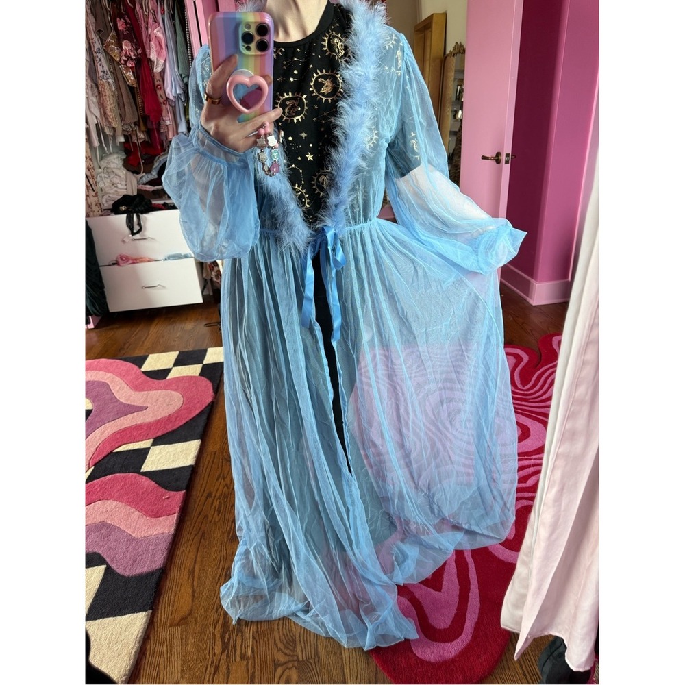 Sugar Thrillz Powder Blue Sheer Feather-Trim Maxi Robe Duster NWT XL/XXL